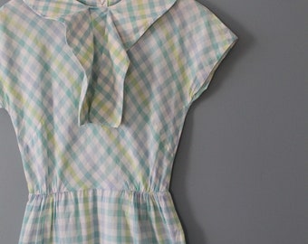 1940s cotton check dress | cowl collar bow dress | pastel check Easter dress