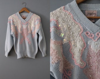 PASTEL cropped sweater | 90s Jacklyn Smith sweater | sequined ribbon soutache kawaii sweater