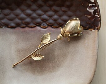 vintage large rose brooch | gold brass rose stem brooch