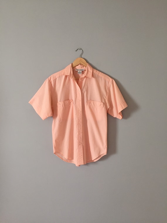 PEACH pink cotton shirt | 1980s pocket shirt | sl… - image 1
