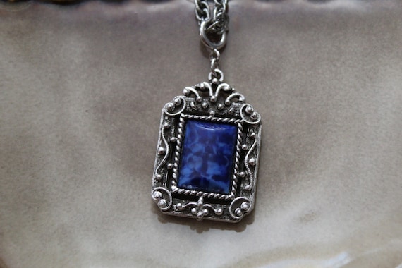 Vintage dramatic filigree necklace | blue cabochon necklace | Medieval necklace