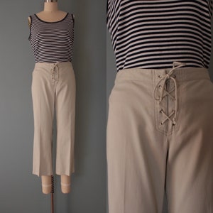 CORSET tie capris | beige cotton cropped pants | 90s summer capris