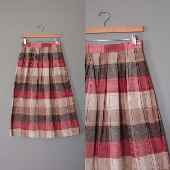 PINK plaid cotton skirt | 1970s cotton midi skirt… - image 1