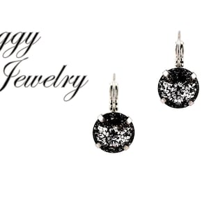 Genuine Austrian Crystal Black Patina Earrings, 12mm Round Rivoli, Drop Lever-Back or Studs Posts, Assorted Finishes, Chic Vintage Style