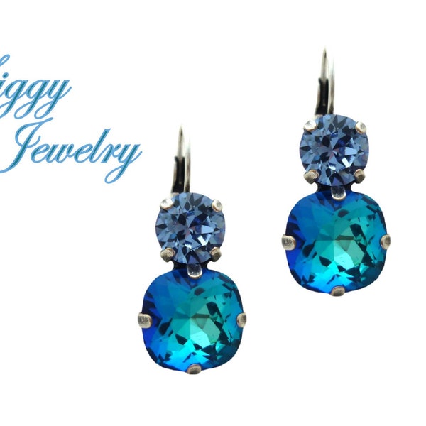 Bermuda Blue and Light Sapphire Double Drop Crystal Earrings 12mm Cushion Cut, 8mm Round, Drop Lever-Back Assorted Finishes, Siggy Jewelry
