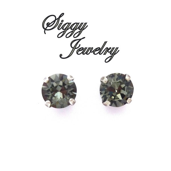 Black Diamond Solitaire Earrings made with Genuine Austrian Crystals, Smokey Gray, Pick Your Size 6-10mm, Studs or Drops Assorted Finishes