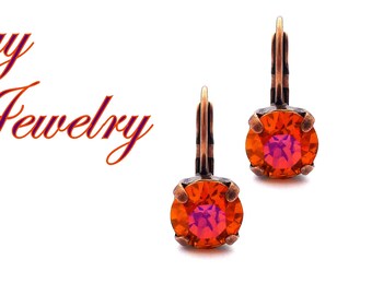 Astral Pink Austrian Crystal Earrings, Hot Orange-Pink, 8mm Drops or Studs, Assorted Finishes