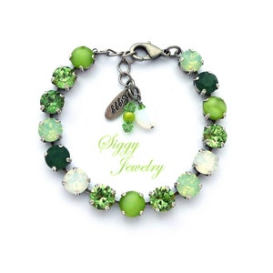 Austrian Crystal 8mm Tennis Bracelet, Emerald, Green, Mint Opal, Peridot, Assorted Finishes and Lengths, Bridesmaids Gift, GREEN MEADOWS