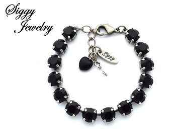 Pulsera de tenis, hecha con cristal austriaco genuino, 8 mm, negro azabache, dije de corazón y llave, longitudes y acabados variados, empaquetado para regalo