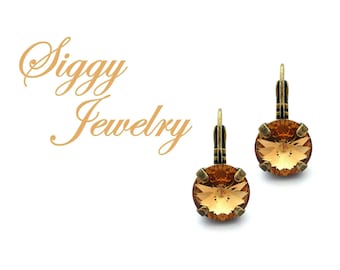 Neutral Austrian Crystal Earrings, 10mm Topaz, Warm Toned Brown, Beige, Round Rivoli, Drops or Studs, Assorted Finishes, Gift Packaged