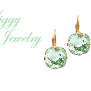 Austrian Crystal Earrings, Light Mint Green, 12mm Chrysolite, Cushion Cut, Select A Finish, Drops Or Posts, Bridesmaids Gift, Gift Packaged