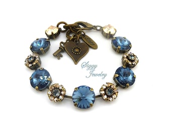 HONEY BLOSSOMS Tennis Bracelet, Made with Genuine Austrian Crystals and Delicate Flowers in Denim Blue and Champagne, Assorted Finishes