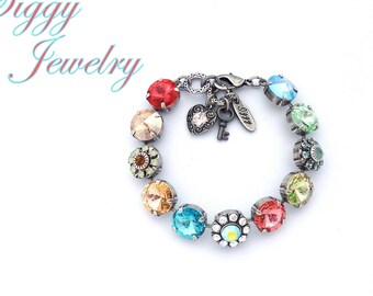 Austrian Crystal Statement Bracelet: Flower Embellished Bright Aqua Coral Green, CARNIVAL by Siggy Jewelry