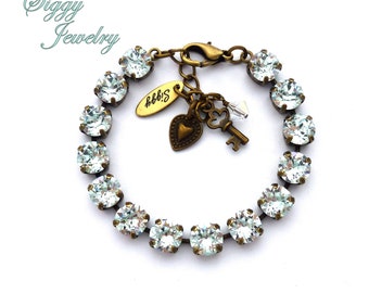 Austrian Crystal Bracelet, 8mm Light Azore, Light Pale Blue, Heart and Key Charm, Bridesmaids, Assorted Lengths and Finishes, Gift Packaged