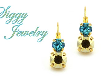 Double Drop Earrings Made with Genuine Austrian Crystal in 8mm Metallic Sunshine and 6mm Light Turquoise, Assorted Finishes, Siggy Jewelry