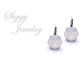 Austrian Crystal White Opal Earrings, 12mm Cushion Cut, Bridal, Pick Your Finish, Square Earrings, Drop Lever Back Or Studs, Gift Packaged