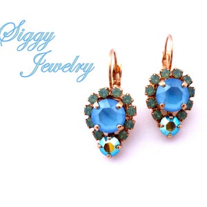 Austrian Crystal Earrings, 8mm Summer Sky Blue, Pacific Opal Halo, Irridescent AB Blue, Drop Lever-Back, Rose Gold Finish, Bridesmaids Gift