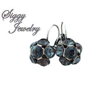 Silver Night Flower Cluster Earrings, Made with Genuine Austrian Crystals, Antique Silver Drop Lever Back , Dark Gray Multi Stone