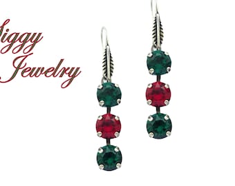 JINGLE MINGLE Christmas Triple Drop Dangle Earrings Made with Genuine Austrian Crystals, 8mm Scarlet Red, Emerald Green, Assorted Finishes