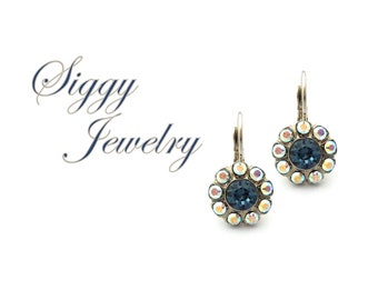 Austrian Crystal Daisy Flower Earrings, Denim Blue Centers, Crystal AB Petals, Cluster Drop Lever-Back Drops, Assorted Finishes