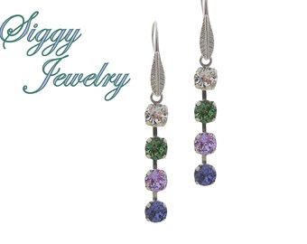 CRYSTAL CASCADE Long 4-Stone Dangle Earrings made with Genuine Austrian Crystals, 6mm Clear, Erinite, Violet, Tanzanite, Assorted Finishes