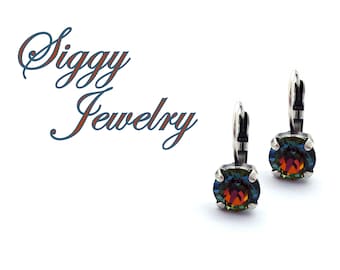 Austrian Crystal Earrings, 8mm Crystal Volcano, Drops or Studs, Bursting With Purple, Blue, Red, Orange, Pink, Cobalt Hues, Gift Packaged