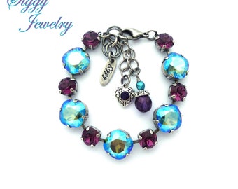 Austrian Crystal Bracelet, 12mm Cushion Cut Erinite Shimmer, Green Blue Color, 8mm Amethyst, Cute Charms, Antique Silver or Brass Finish