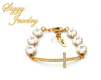 Bracelet Cristal Autrichien Doré Or Fin - 8 Cristaux, Neuf Avec étiquettes, Style élégant