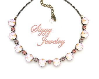 PEACHY RADIANCE Tennis Necklace made with Genuine Premium Crystals in 12mm Cushion Cut and 6mm Round, 2024 Pantone Color, Assorted Finishes