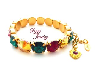 JINGLE MINGLE Christmas Rivoli Stretch Bracelet Made with Genuine 12mm Austrian Crystals in Siam, Emerald and Gold, Assorted Finishes