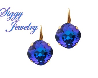 Crystal Earrings, made with Genuine Austrian Crystals in Heliotrope, 12mm Cushion Cut, Drops or Studs,  Assorted Finishes, Siggy Jewelry