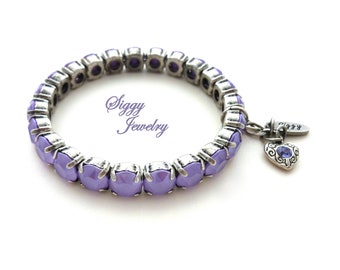 Lilac Lacquered Purple Crystal Stretch Bracelet, Made with Genuine Austrian Crystal in 8mm, Antique Silver Finish, Siggy Jewelry