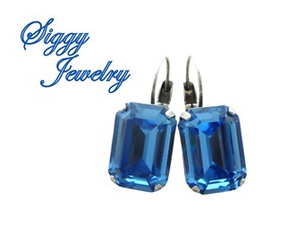 ICE BLUE Emerald Cut Earrings Made with Genuine Austrian Crystal, Drop Lever Back, Rectangle, Assorted Finishes, Siggy Jewelry