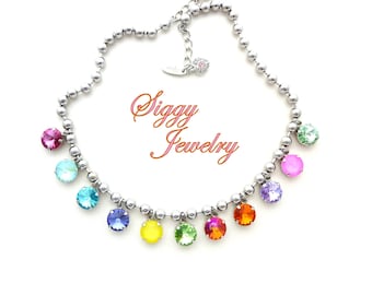 PRISM DAZZLER Necklace with Dangling Genuine Austrian Crystal 12mm Rivolis in a rainbow of Shimmering Colors, Rhodium or Gold Metal Finish