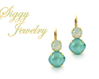 Austrian Crystal Earrings, 12mm Cushion Cut Mint Green, 8mm White Opal, Lever Back, Assorted Finishes, Bridesmaids Gift, Gift Packaged