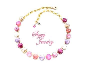 STATEMENT NECKLACE WITH CYCLAMEN PINK LUCITE CERAMIC /& IRIDESCENT CRYSTAL BEADS