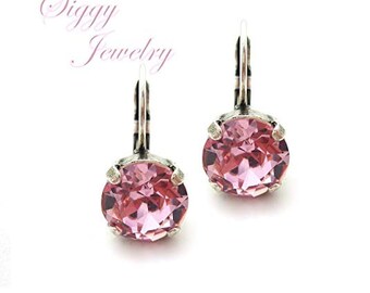 Solitaire Earrings made with Genuine Austrian Crystal 8mm-10mm Light Rose, Light Pink, Drops Or Studs, Assorted Finishes, Bridesmaids Gift