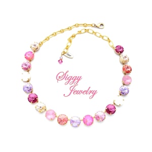 Austrian Crystal Statement Necklace, 12mm Rivoli Pink and Purple Spring Mix, White Opal, Assorted Finishes, Pink Elation, Wedding Jewelry