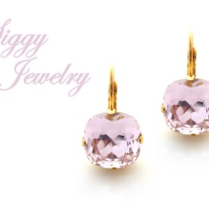Light Rose Premium Crystal Earrings, 12mm Cushion Cut, Pale Feminine Pink, Drops or Studs, Assorted Finishes Shown in Gold, Gift Packaged
