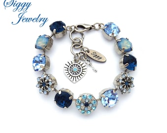 Denim Blue Austrian Crystal Bracelet, Air Blue Opals, Light Sapphire, Flower Embellishments, Chunky Statement Bracelet, Assorted Finishes