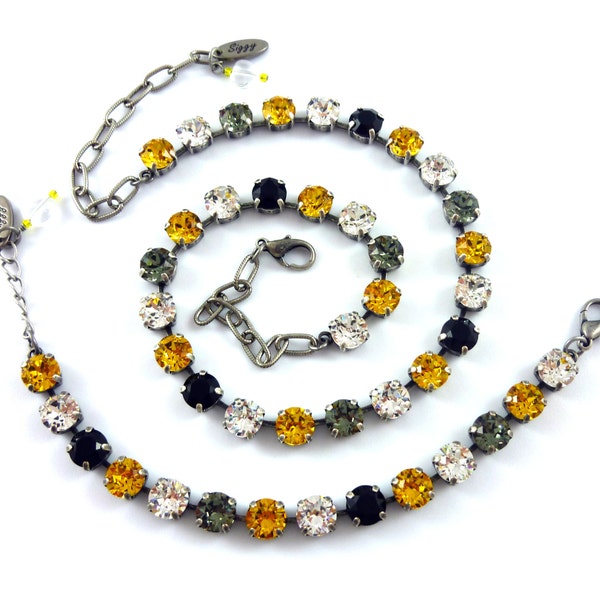 Steelers Colors Necklace, Bracelet, Or Set, Black, Gold, Pittsburgh Steelers Fan Jewelry, Made With 8mm Austrian Crystals, Gift Packaged