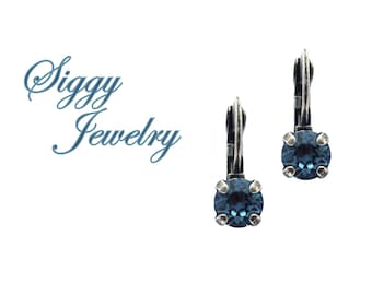 Genuine Austrian Crystal Earrings, 6mm Denim Blue Dainty Studs or Drops, Perfect Every Day Accessory, Dark Navy Blue, Assorted Finishes