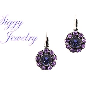 May include: A pair of floral-shaped earrings with a central dark purple stone surrounded by smaller light purple stones. The earrings have a silver-colored metal setting and a lever-back closure. The text "Siggy Jewelry" is in the upper left corner.