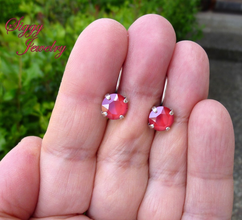 Austrian Crystal Earrings, 8mm Royal Red, Ruby Red, Cherry Red, Drop Lever Backs or Studs, Assorted Finishes, Holiday Jewelry, Gift For Her image 4