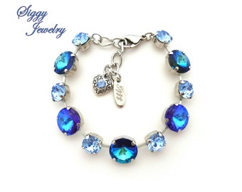 SEQUANA Blue Crystal Bracelet Made With 12mm Bermuda Blue Rivolis and 8mm Round Light Sapphire Chatons, Assorted Finishes, Cute Charms