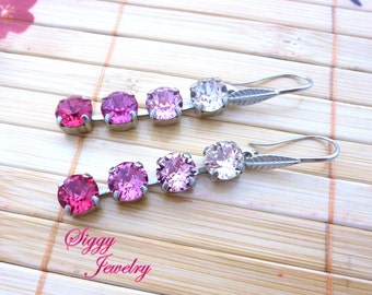 Orecchini in cristallo austriaco, rosa sfumato, multi pietra da 8 mm, orecchini pendenti lunghi, rosa, damigelle, chiusura a leva, finiture assortite