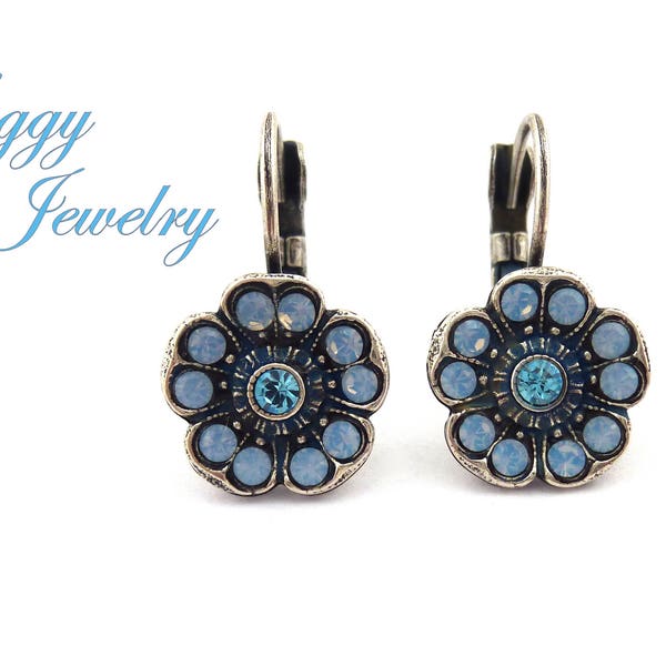 Austrian Crystal Earrings, Cute Dainty Daisy Flower, Air Blue Opals, Multi-Stone Cluster, Drop Lever Backs, FLEUR BLEUE, Gift Packaged