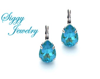 Summer Blue DeLite Crystal Pear Shaped Earrings, Aqua Blue Rainbow Shimmer Teardrops, Assorted Finishes, Drop Lever Back, Bridesmaids Gift