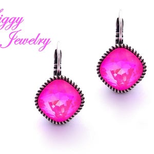Austrian Crystal Earrings, 12mm Cushion Cut, ULTRA PINK AB, Bright Bold Hot Pink, Ornate Border, Bezel Drop Lever Backs, Gift Packaged
