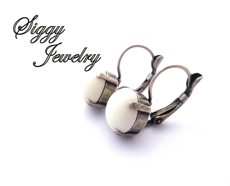 Ivory Cabochon Drop Lever Back Earrings, 11mm White Round, Antique Silver or Pick Your Finish, Prong Setting, Free Shipping image 3